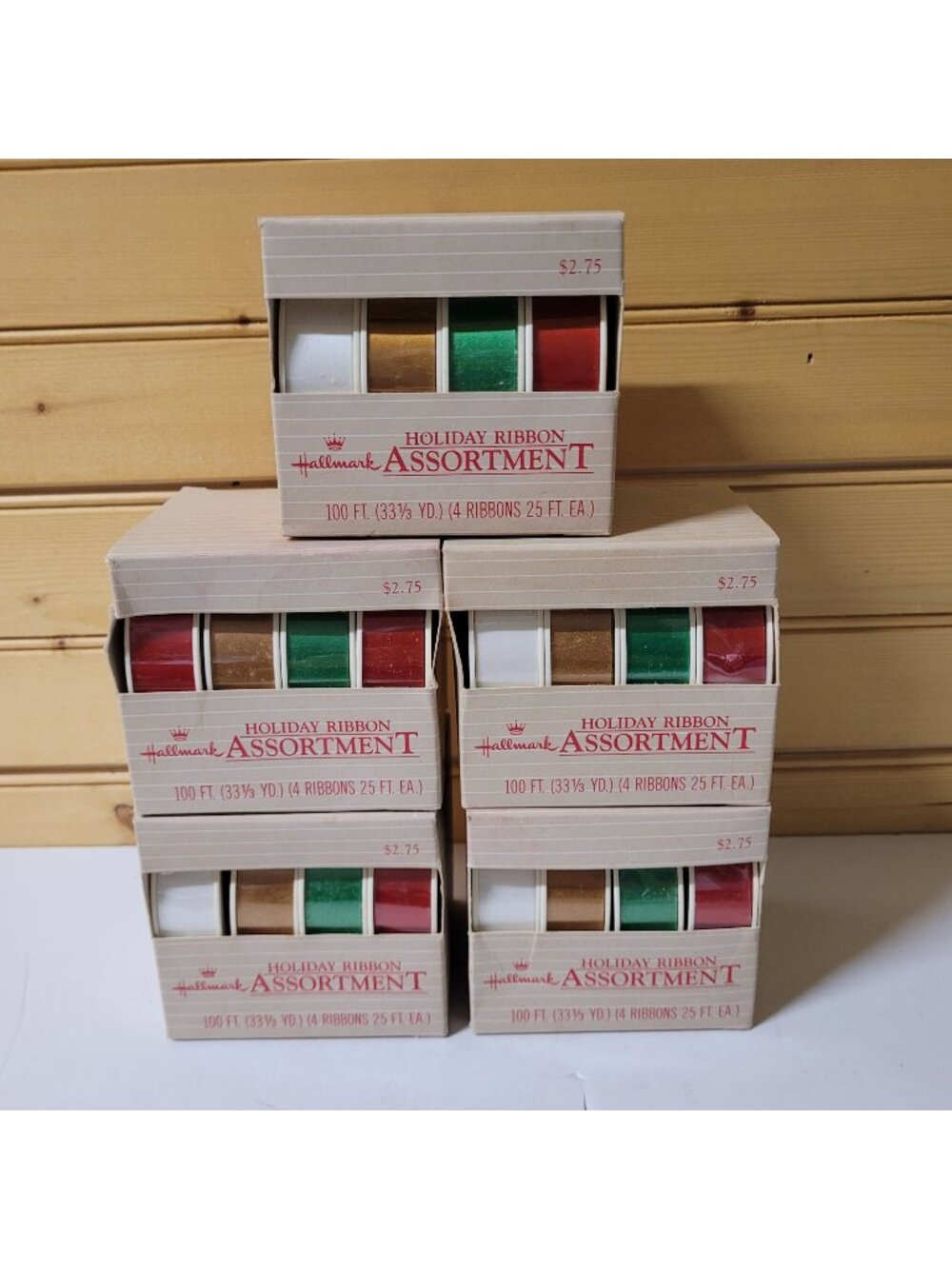 Hallmark Holiday Ribbon Vtg Lot 5 Each Box 100' x .75 in Red Green Gold White